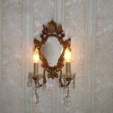 French Antique Gilt Bronze Double Light Crystal Mirrored Wall Sconce 4806