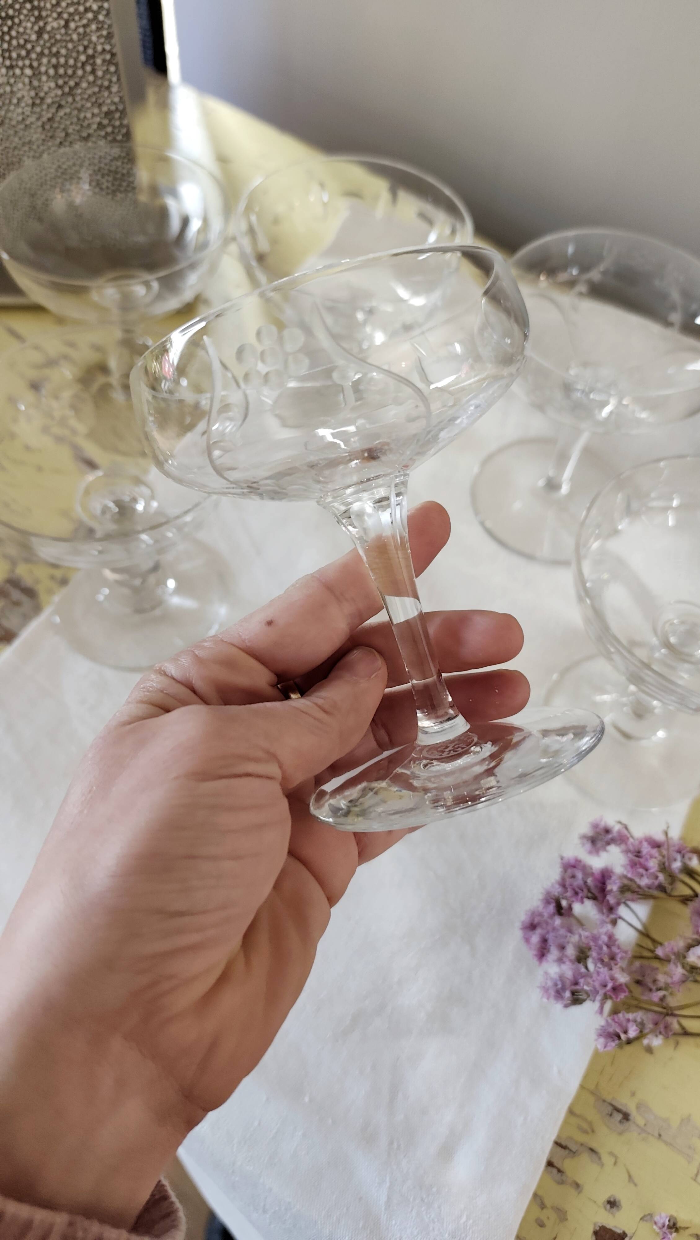 Set of 6 mismatched old crystal champagne glasses