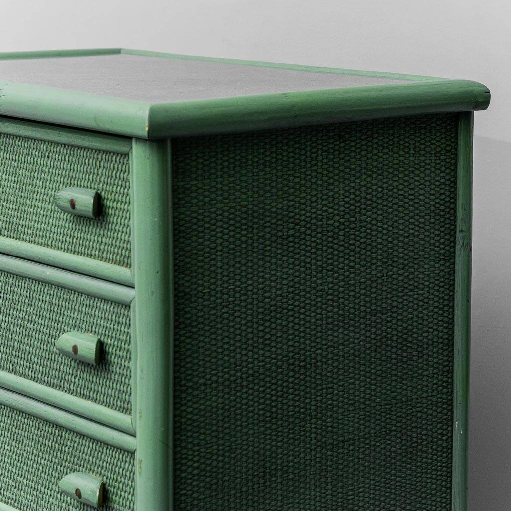 Cassettiera vintage rattan intrecciato verde anni ’60 modernariato