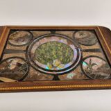 Plateau de service antique en bois d’acajou, verre et nacre