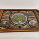 Plateau de service antique en bois d’acajou, verre et nacre