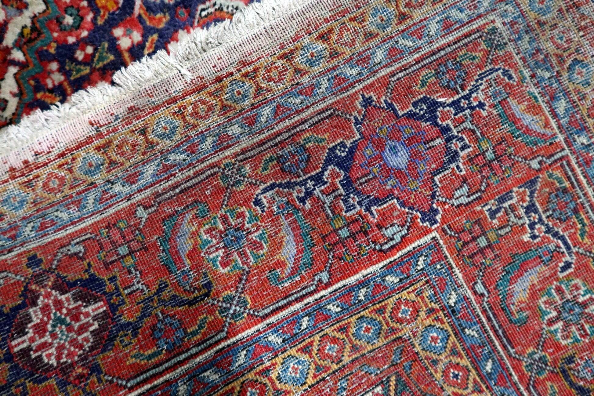 1940s vintage wool medallion rug, red and navy, 206 × 320 cm