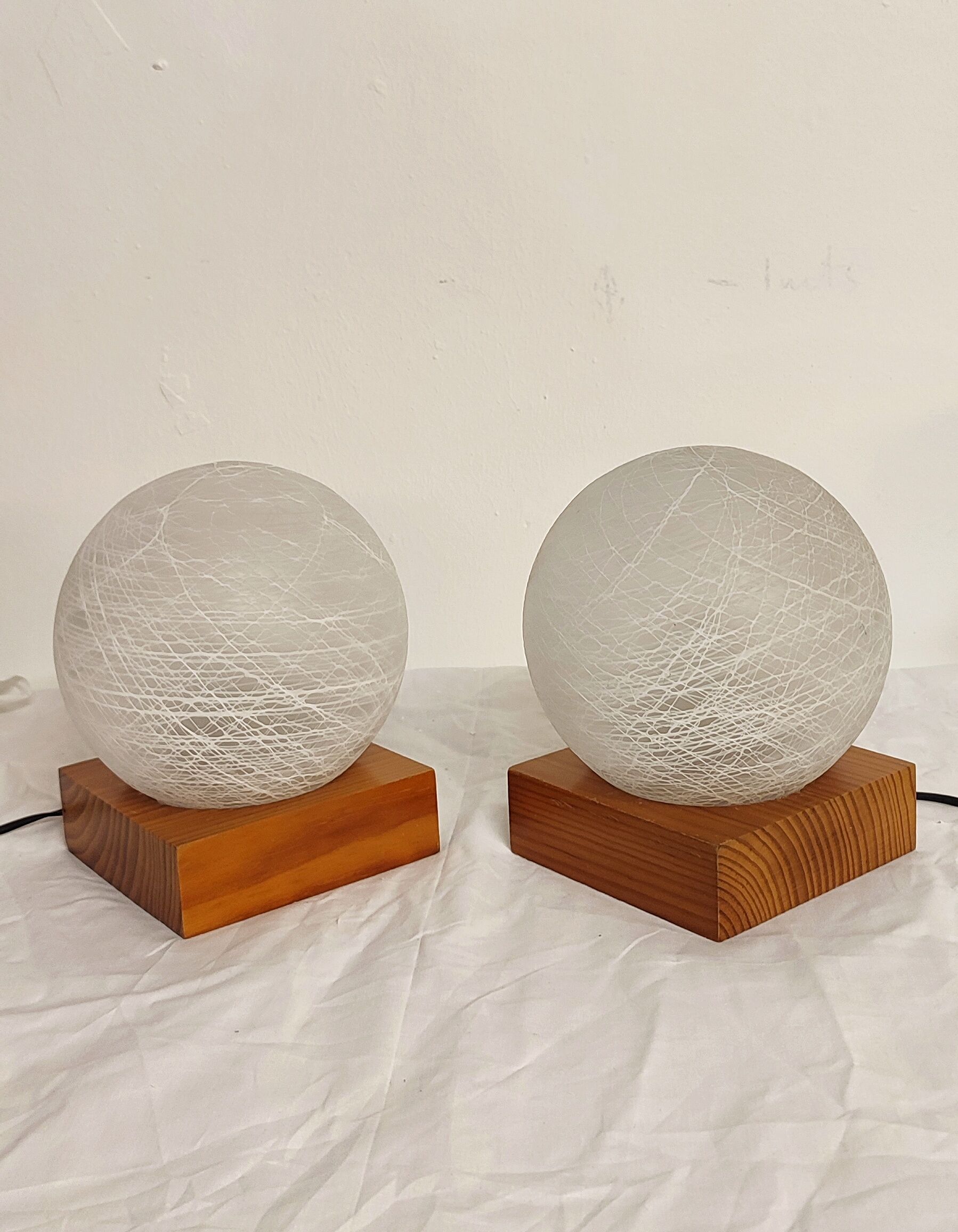 Pair of wooden and glass table lamps. Italy, 1970s.