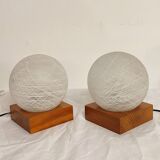 Pair of wooden and glass table lamps. Italy, 1970s.