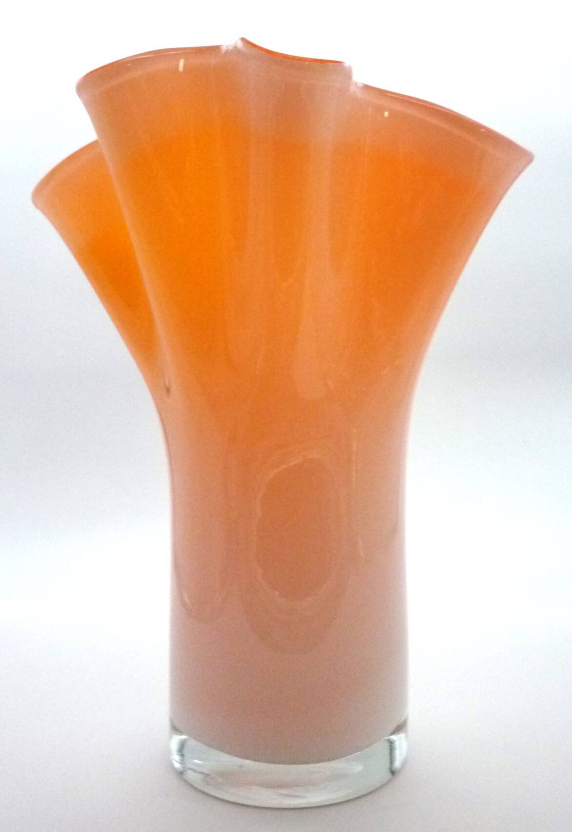 Murano handkerchief vase, blown glass, 1960s design, white and orange.