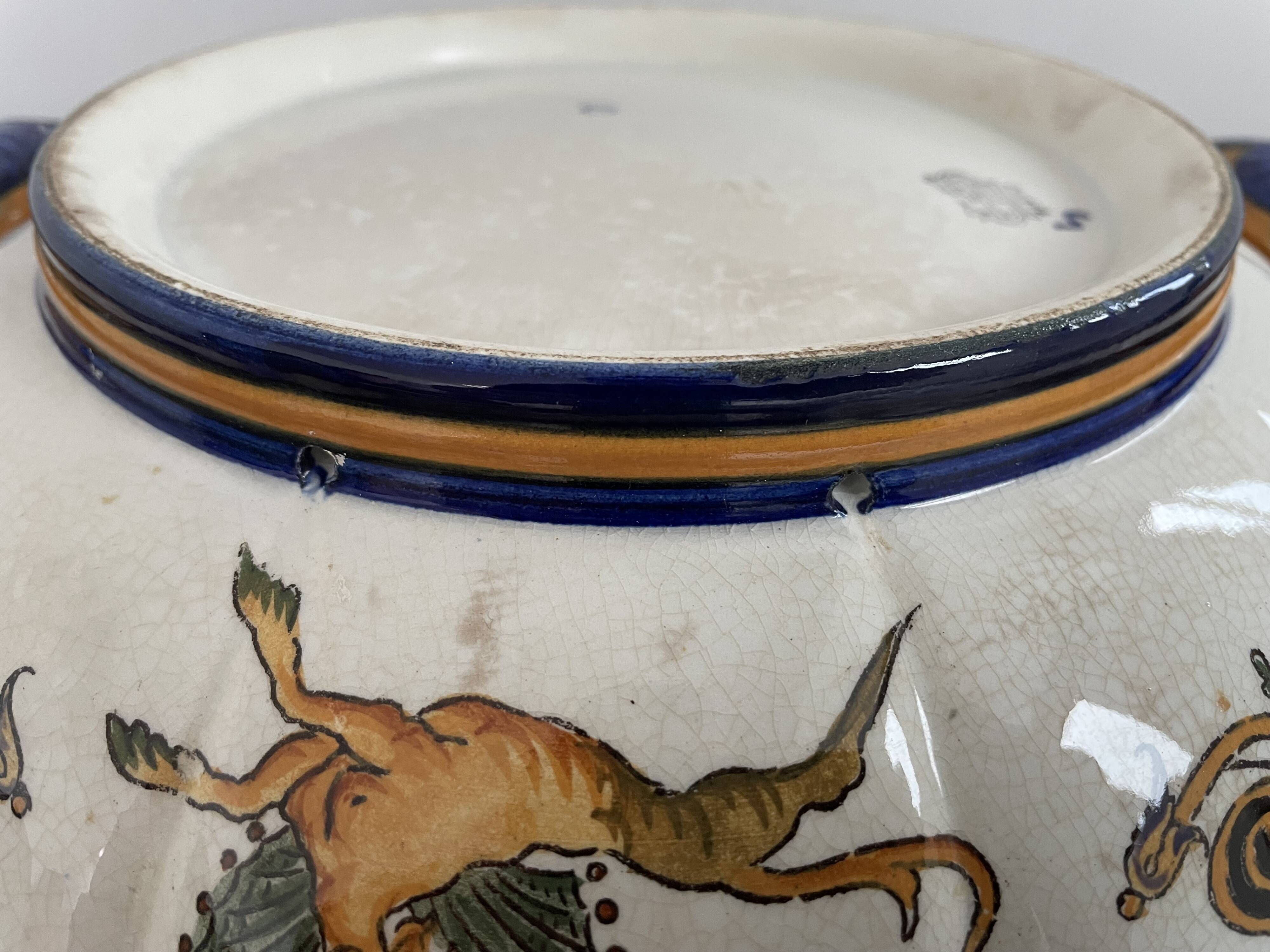 Antique, flat, bowler cup, centerpiece, Gien earthenware, nineteenth century, Renaissance décor