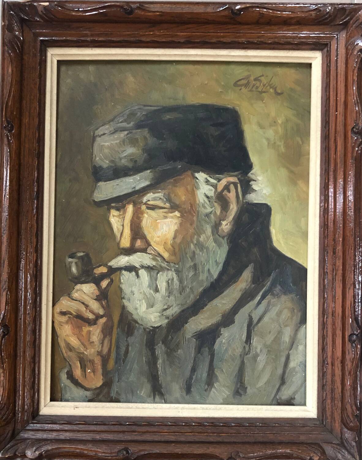 Oil on panel portrait of elderly man with pipe signed