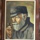 Oil on panel portrait of elderly man with pipe signed