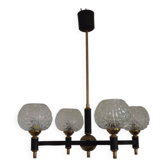 French Vintage Retro Mid Century Black & Gold 4 Arm Chandelier Glass Shades 5015