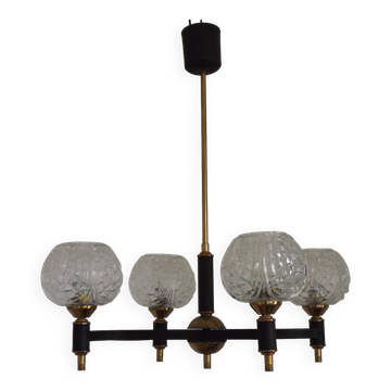 French Vintage Retro Mid Century Black & Gold 4 Arm Chandelier with Glass Shades 5015