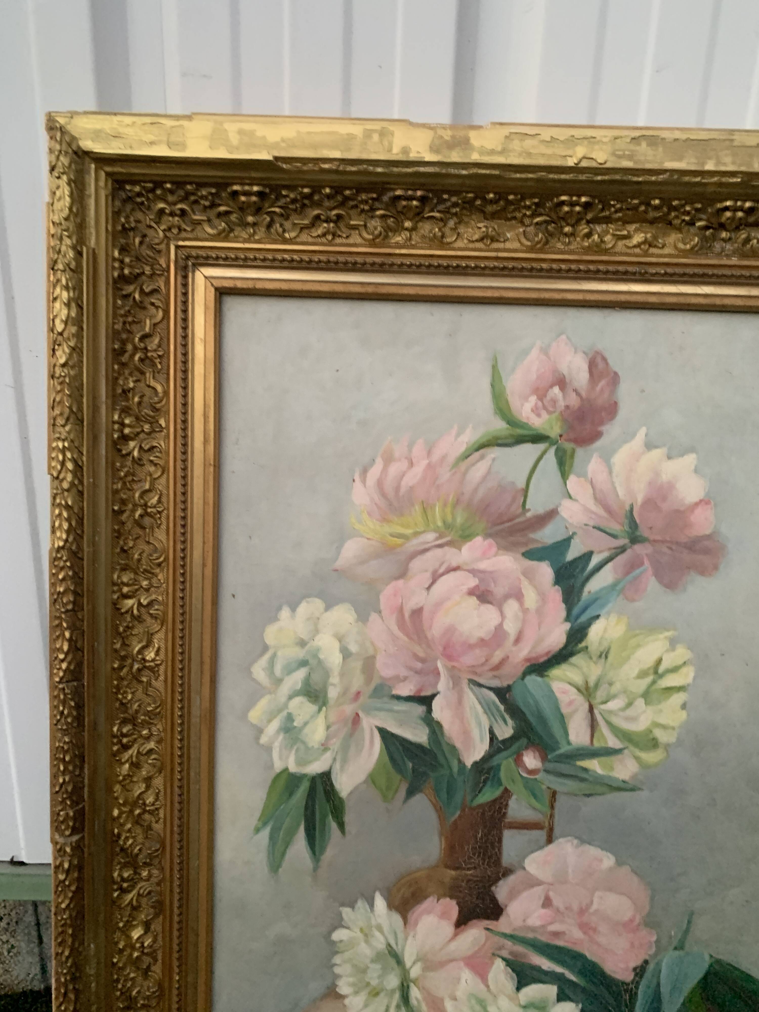 Nature morte huile sur toile bouquet roses pivoines
