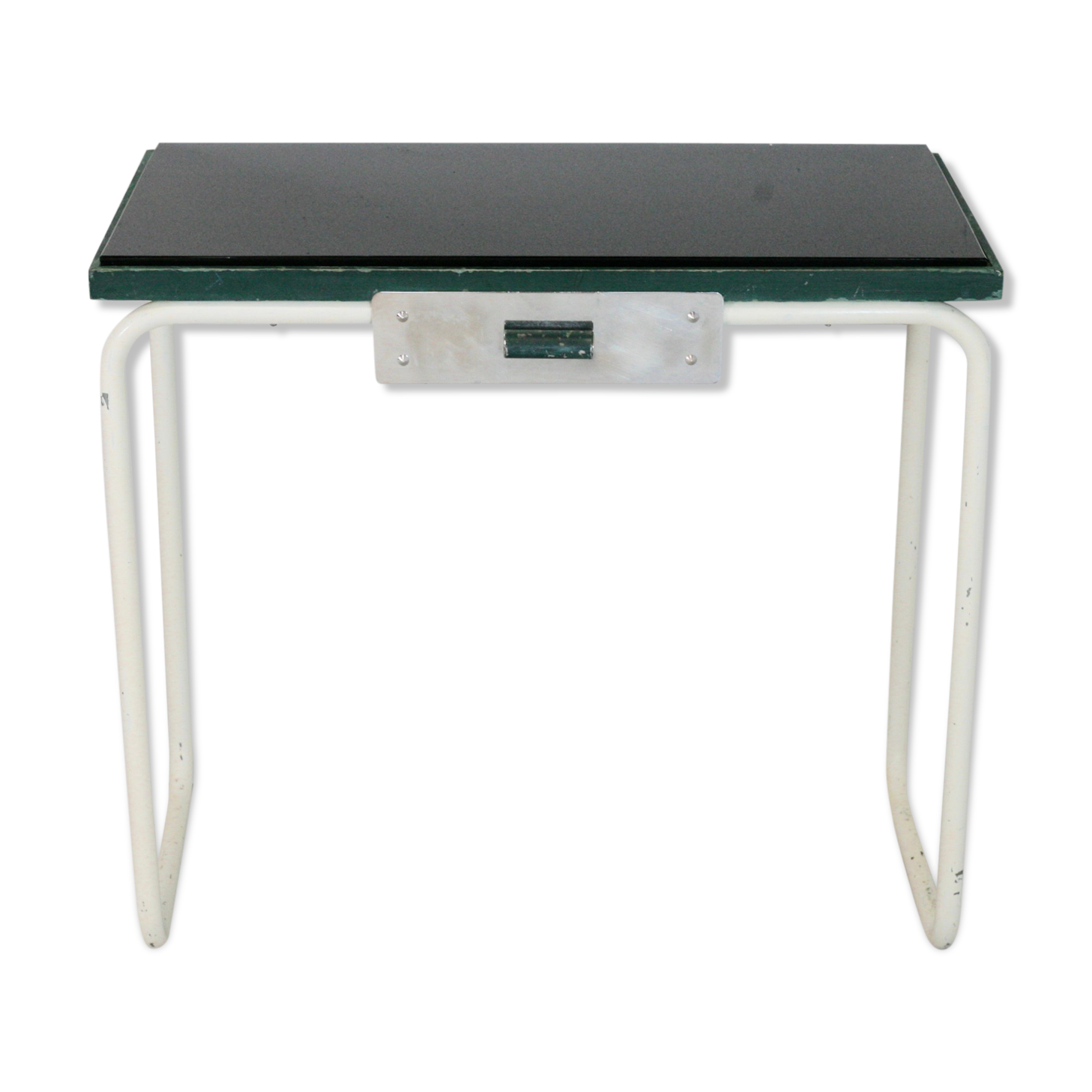 Tubular steel console, black glass tray, circa 1950