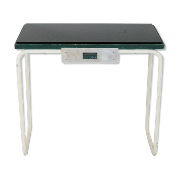 Console acier tubulaire plateau verre noir circa 1950