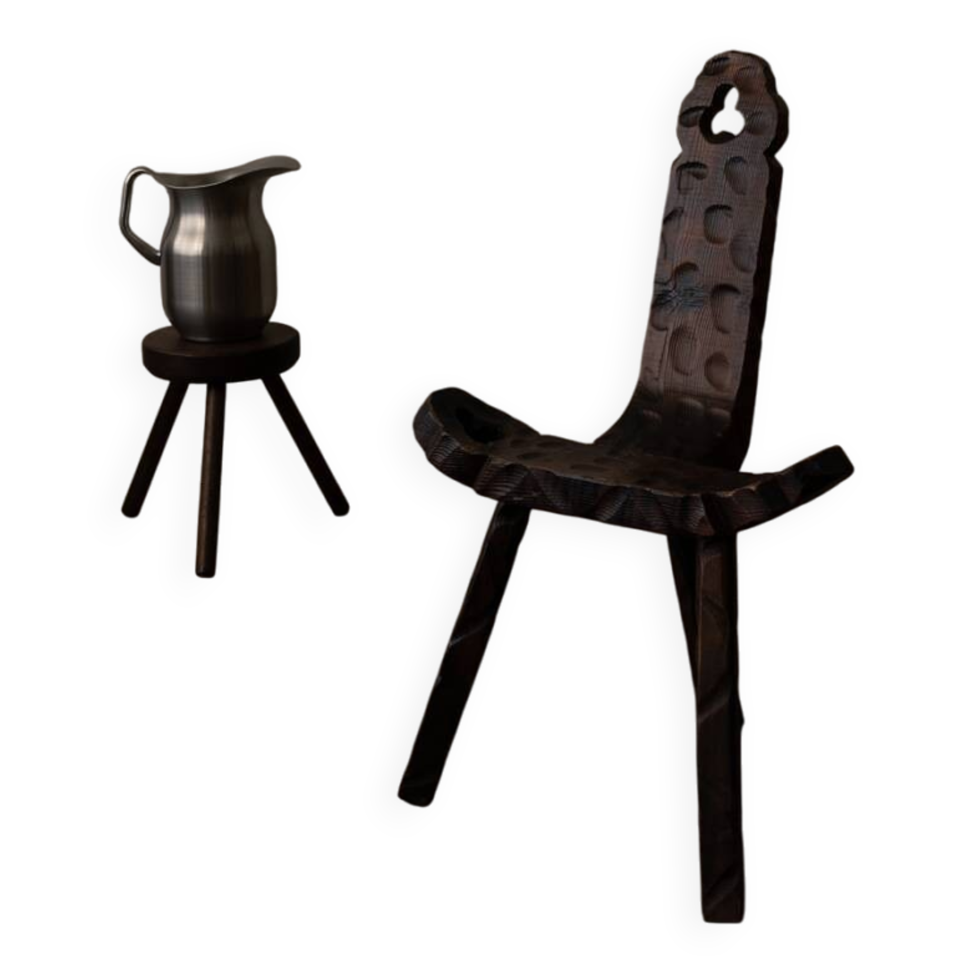 Spanish brutalist tripod chair in carved solid wood