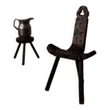 Spanish brutalist tripod chair in carved solid wood