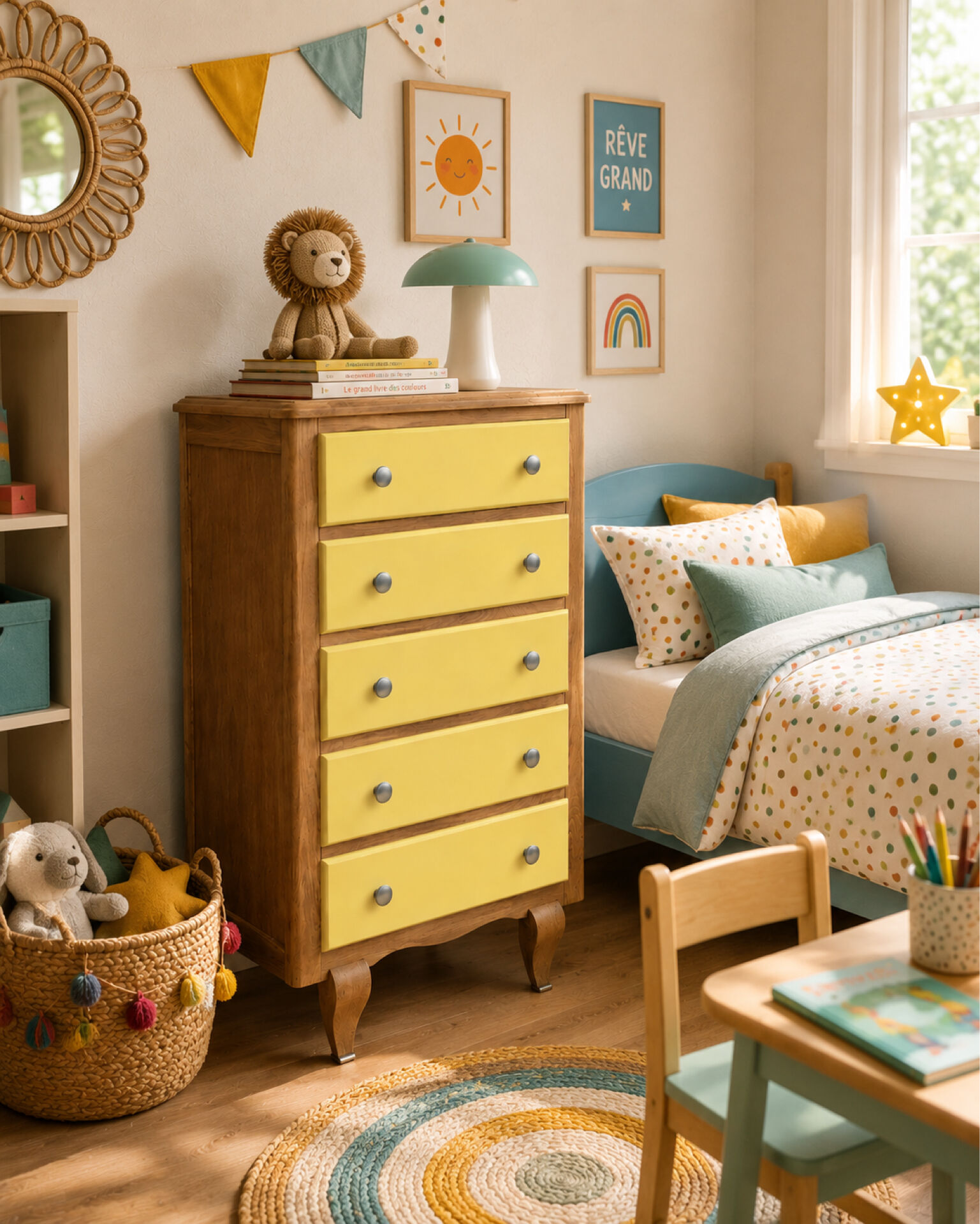 Chiffonnier art déco chêne brut et jaune