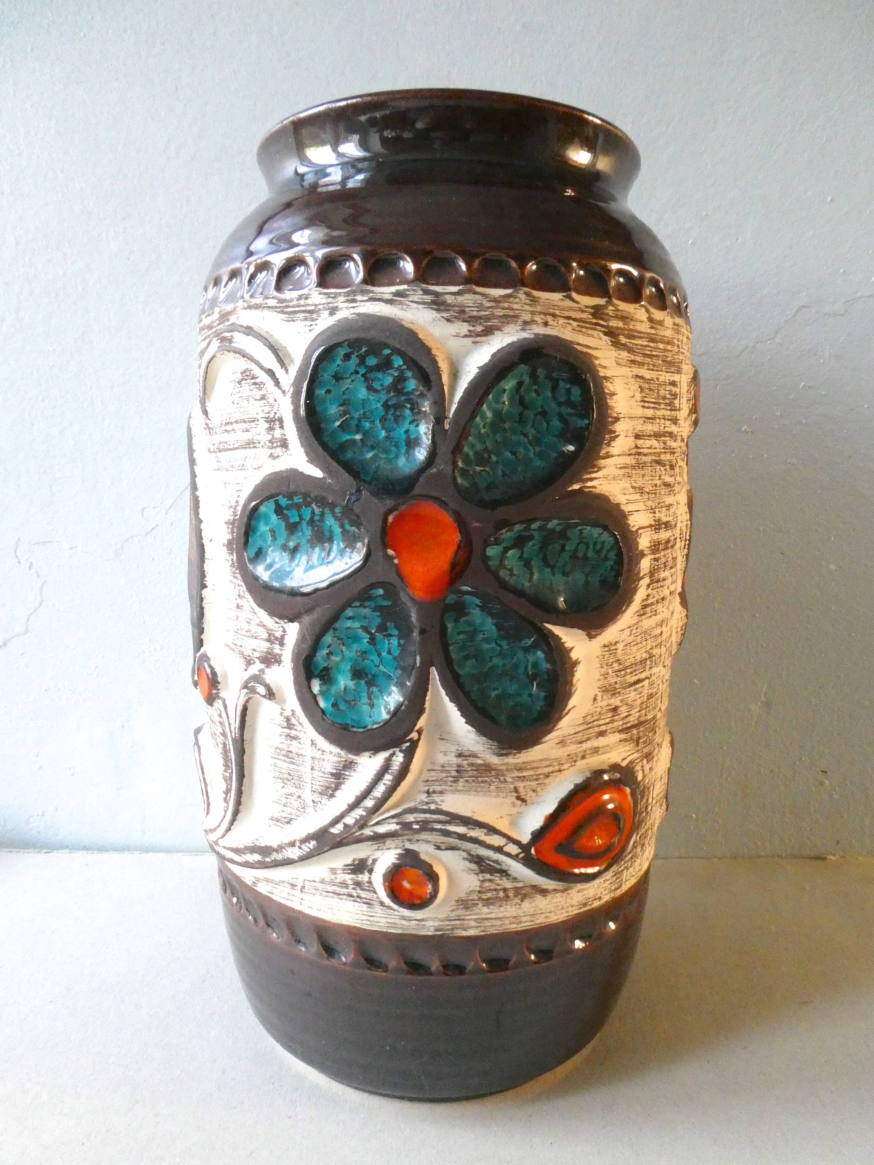 Ceramic vase decorated with flowers Bay West Germany 1970s