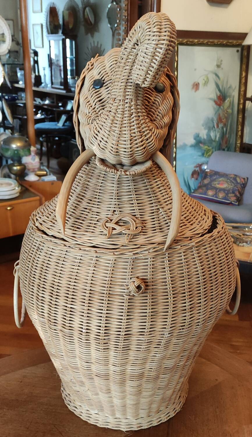 Old vintage rattan elephant head chest basket