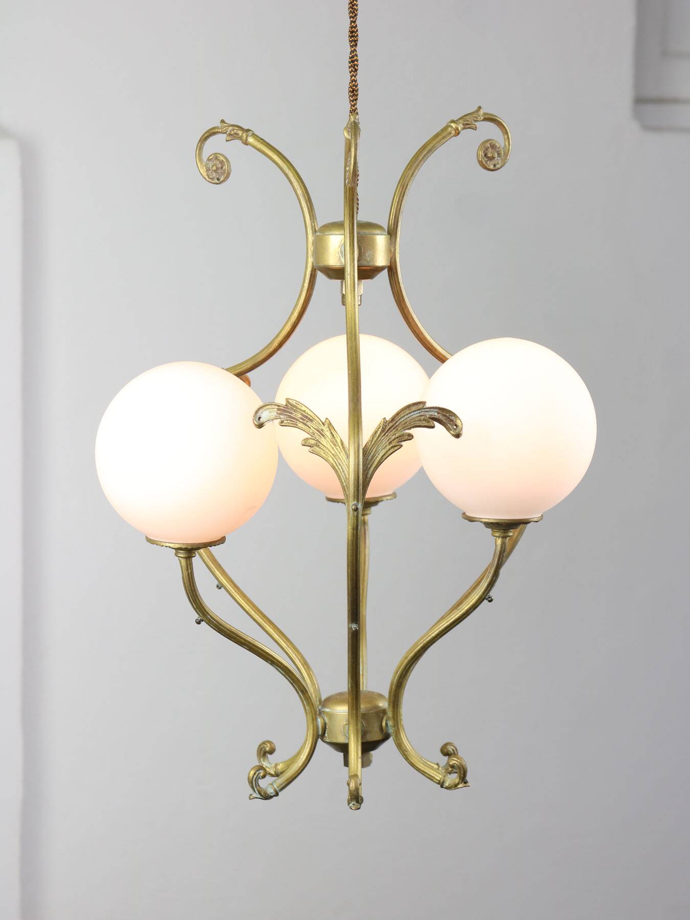 Antique Italian Brass and Opaline Chandelier