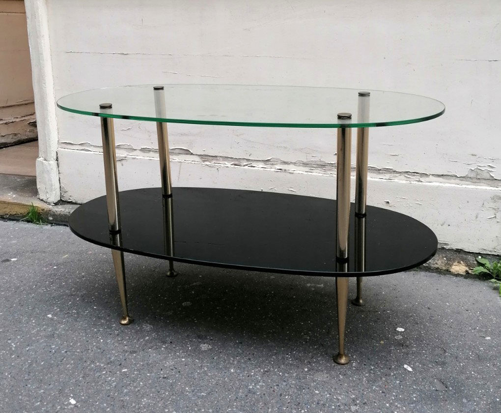 1960 oval glass and brass coffee table