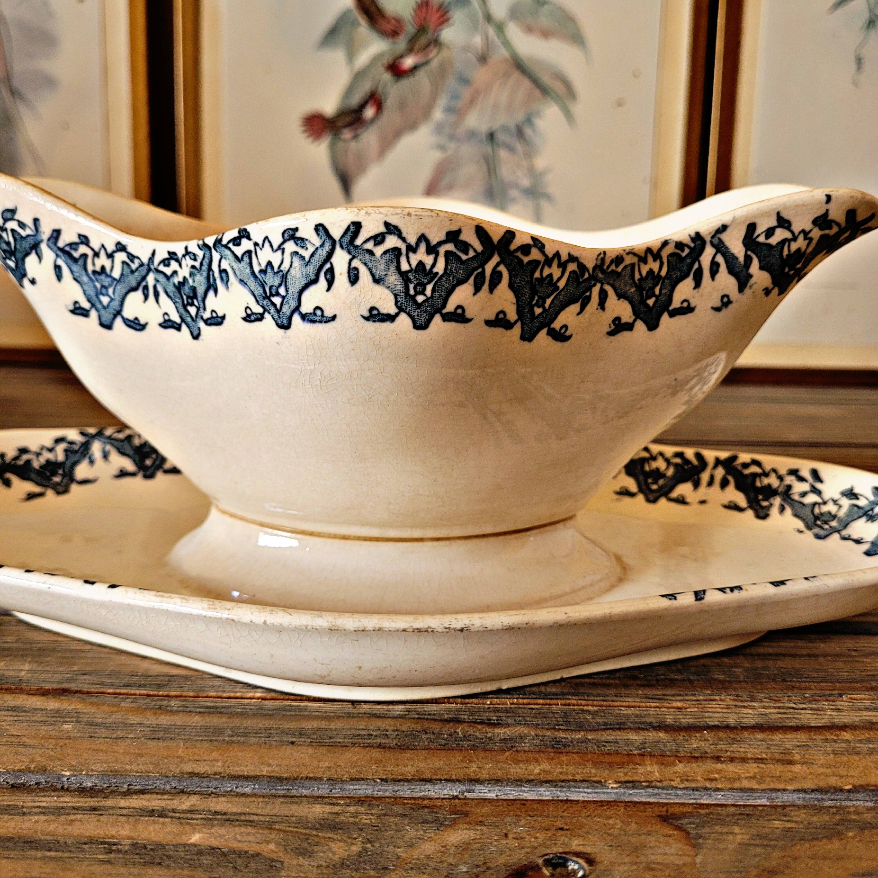 Longwy ironstone Rhodes sauceboat, late 19th century, blue decoration