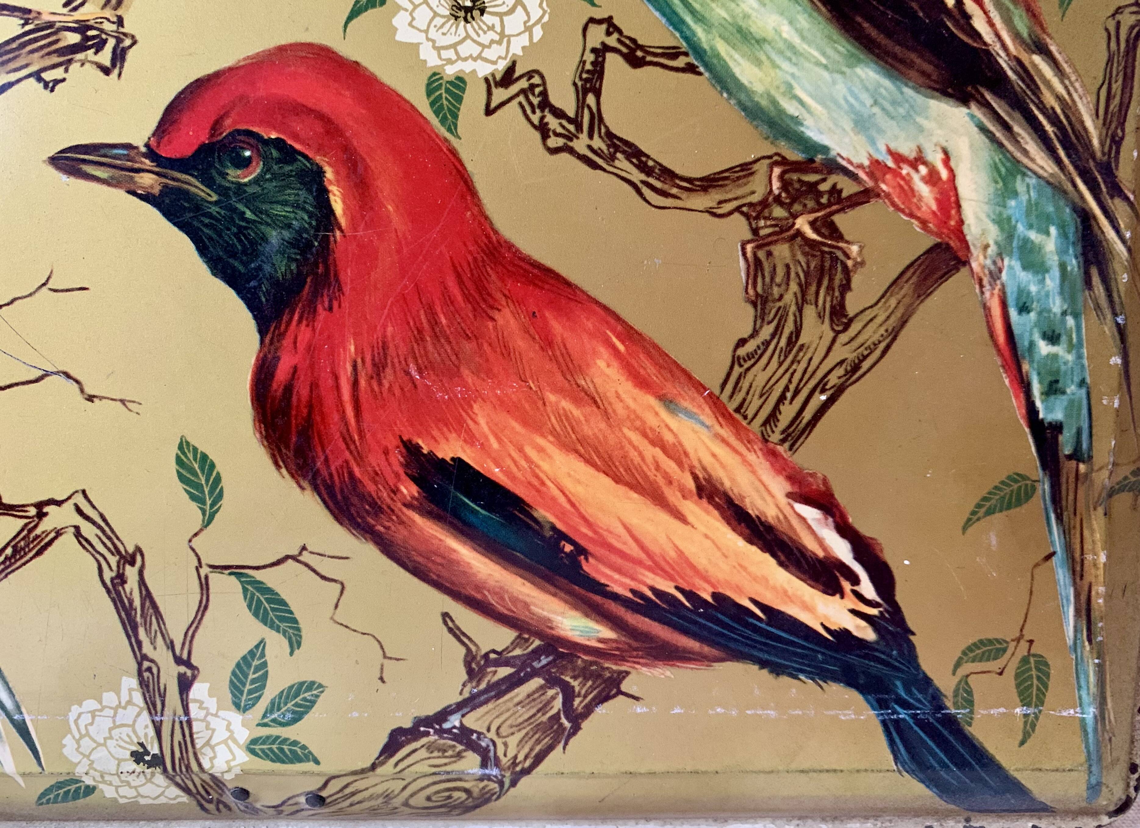 Large metal box - lithograph signed M. Beaudet - bird decoration