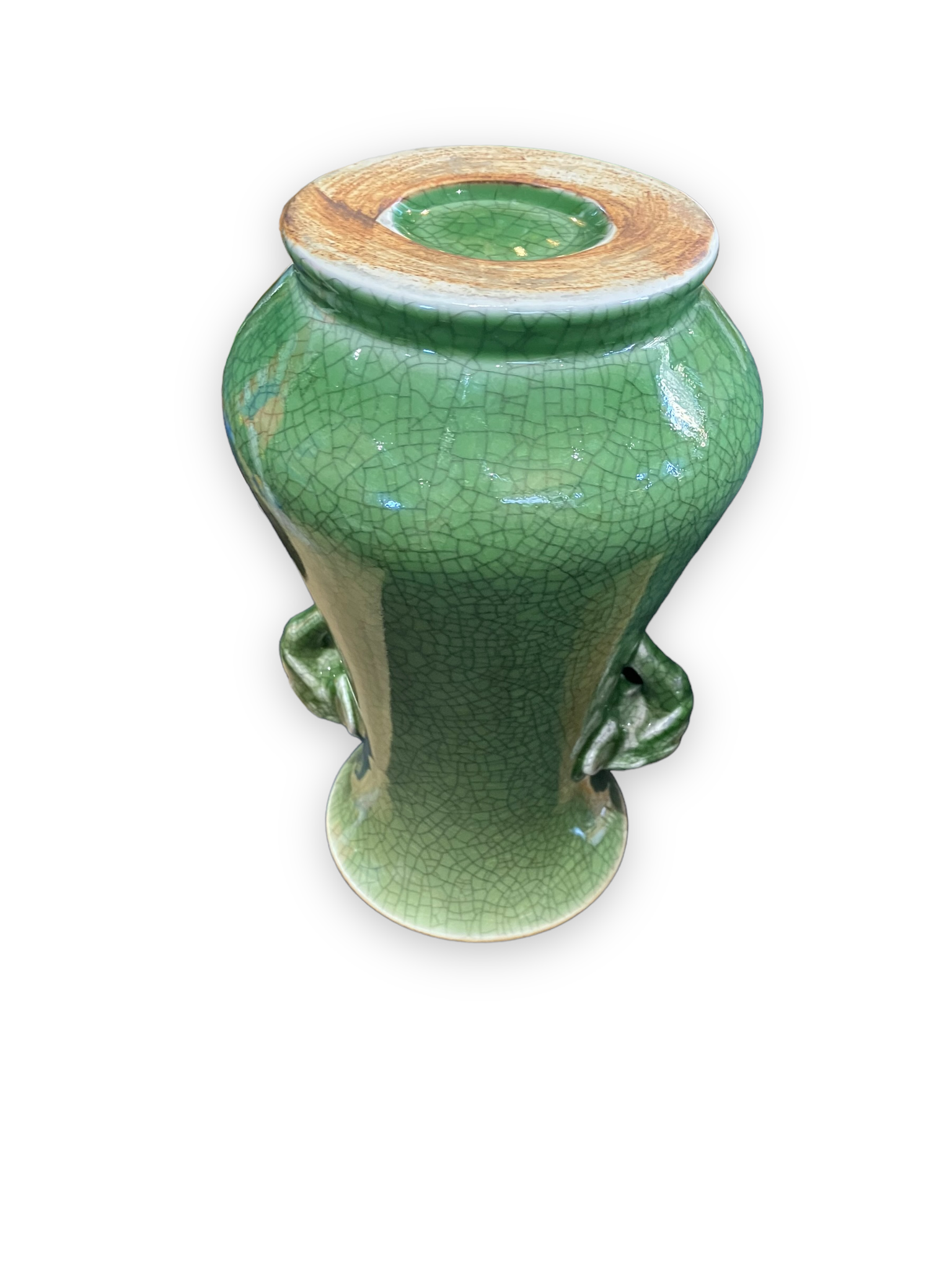 Green cracked ceramic vase Elephant Handles China XXth
