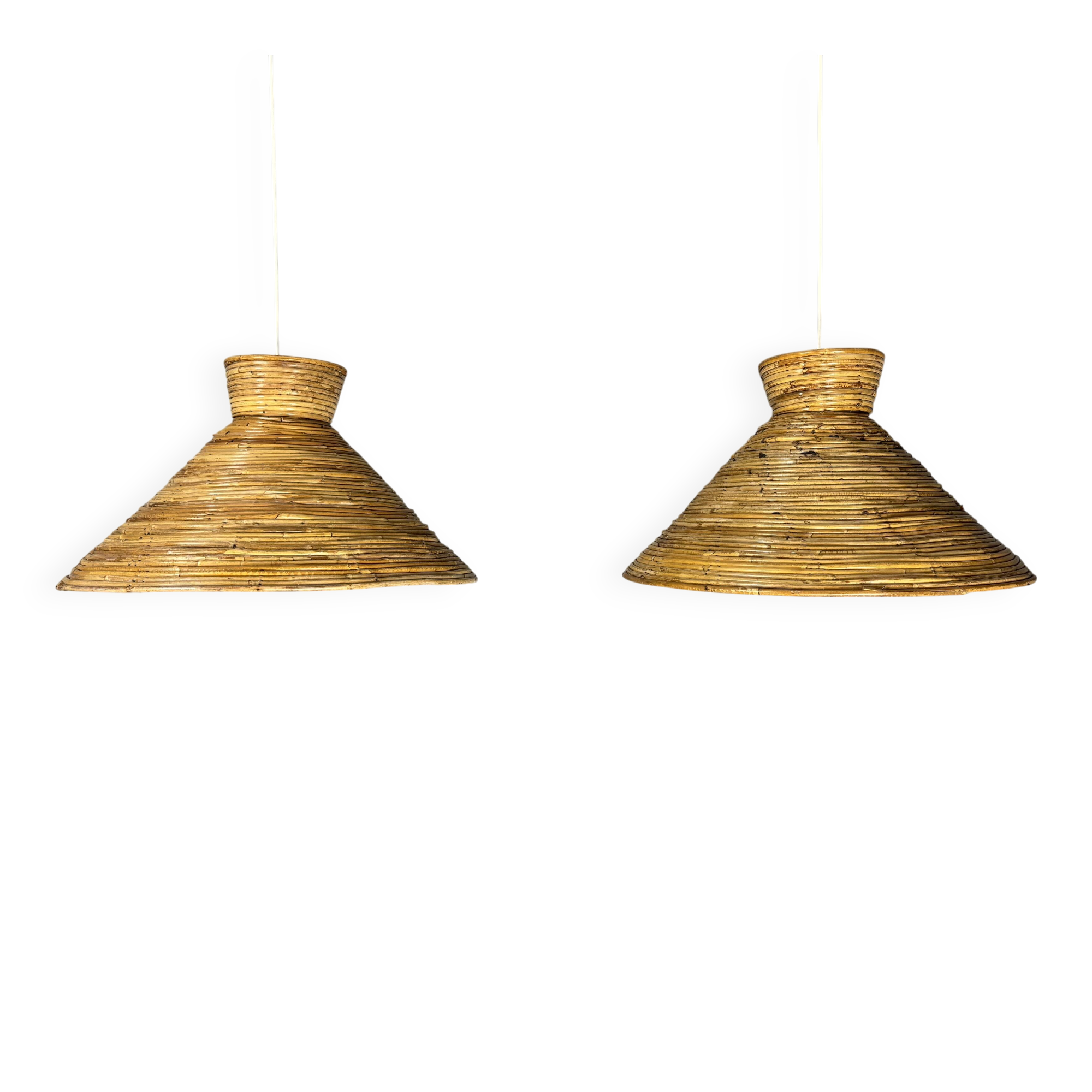 Midcentury pair pencil rattan large ( 62 cm ) pendants, Italy 1970s