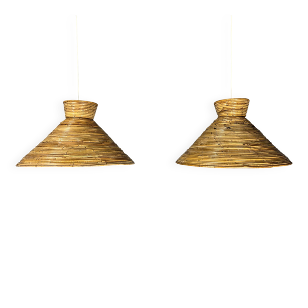 Paire de suspensions crayon en rotin, grand format (62 cm), Italie, années 1970