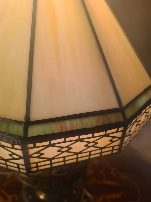 lampe laiton et bronze pied ancien 1900 avec abat jour pate de verre soudur
