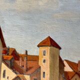 1940s French oil painting on wood. Cityscape