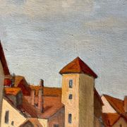 1940s French oil painting on wood. Cityscape