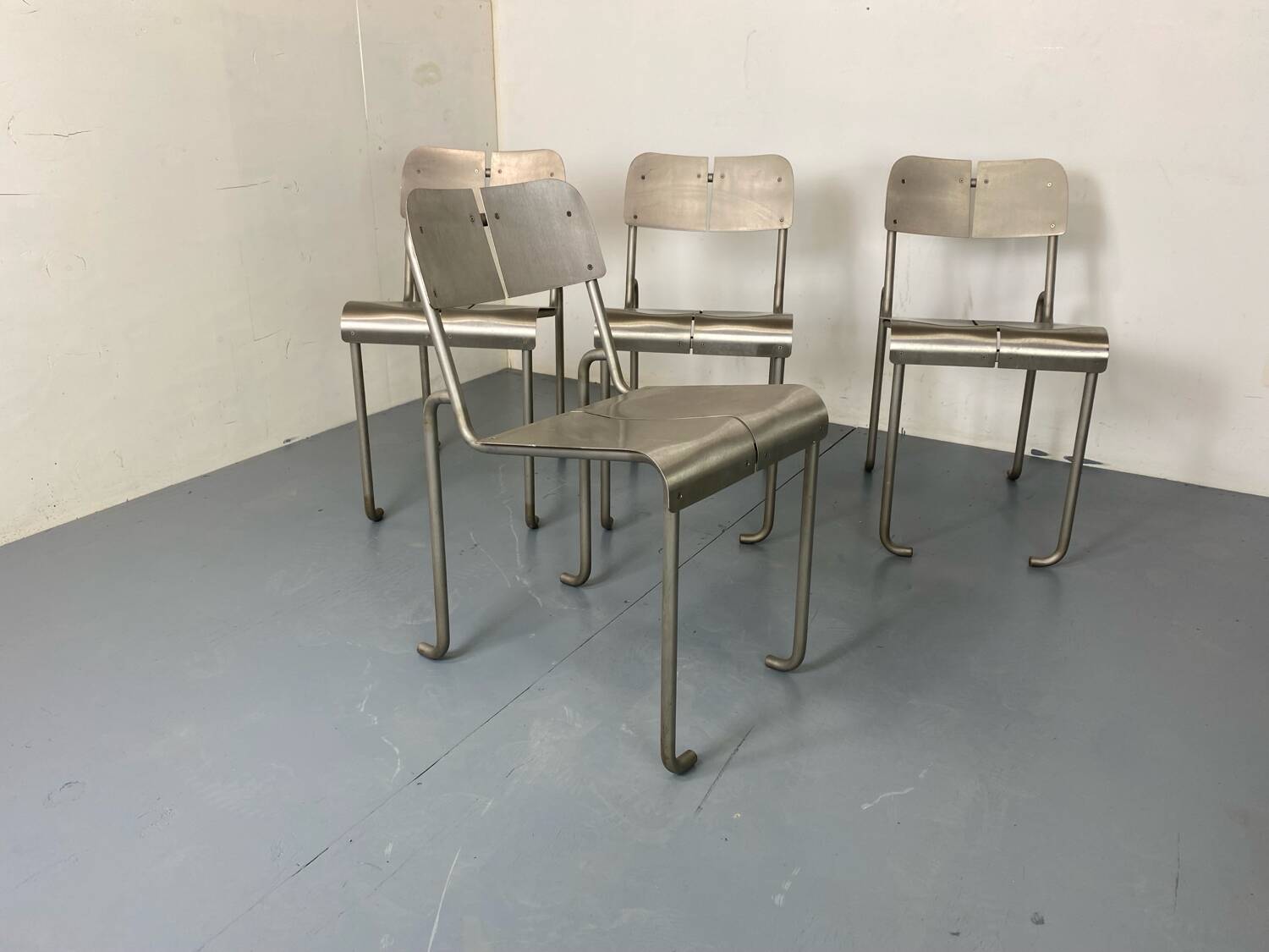 Memphis Architectural Stainless Steel French Dining Chairs, 1980s Set of 4