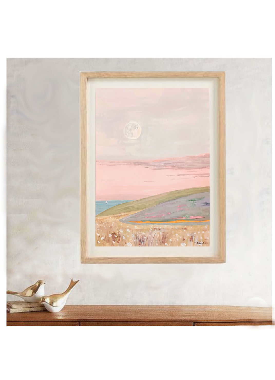 Painting in pastel colors representing a landscape by the sea at dusk.