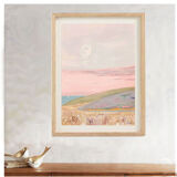 Painting in pastel colors representing a landscape by the sea at dusk.