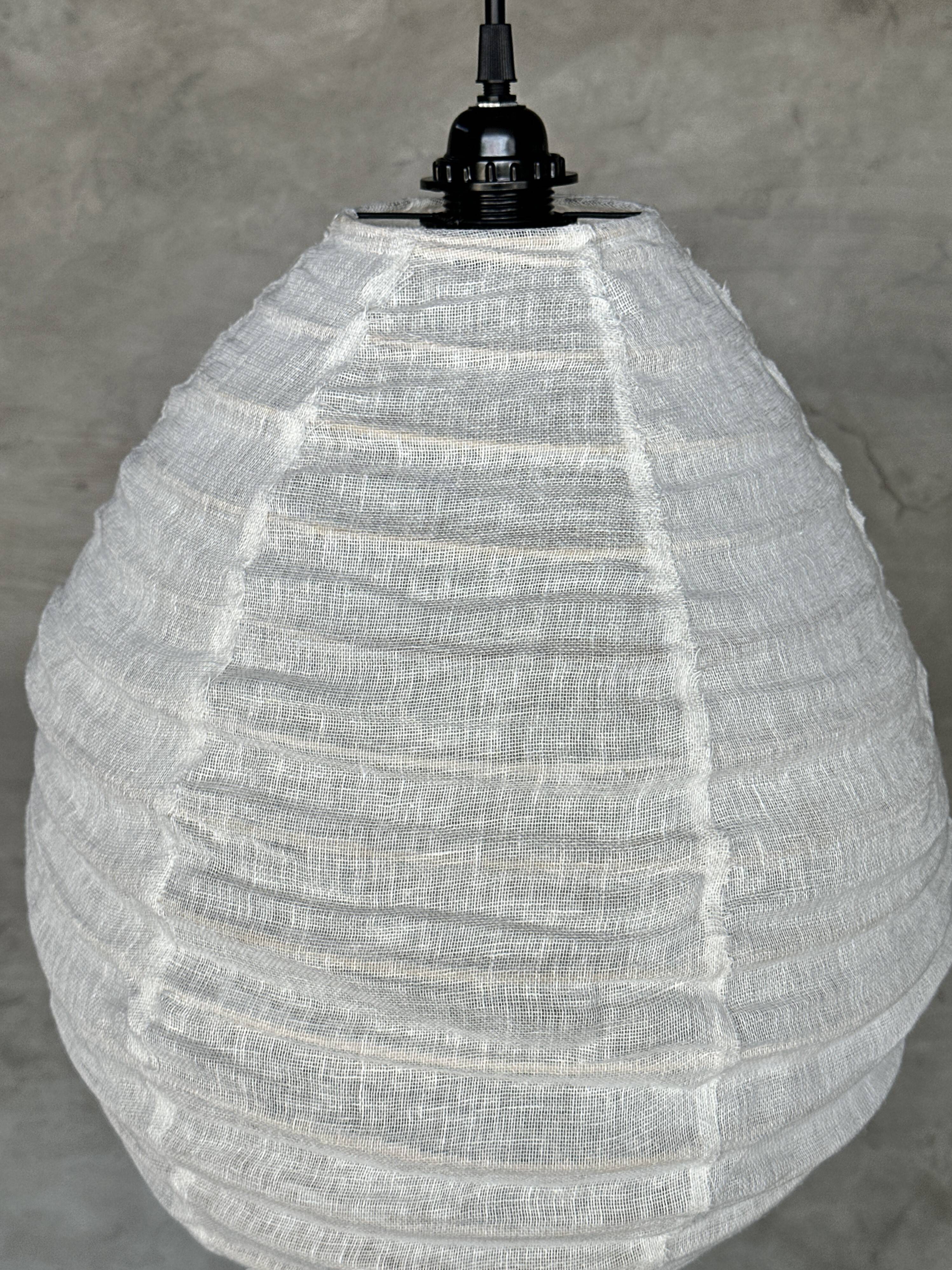 Small Japanese-style natural rattan and linen pendant light in the shape of a drop H40 D35