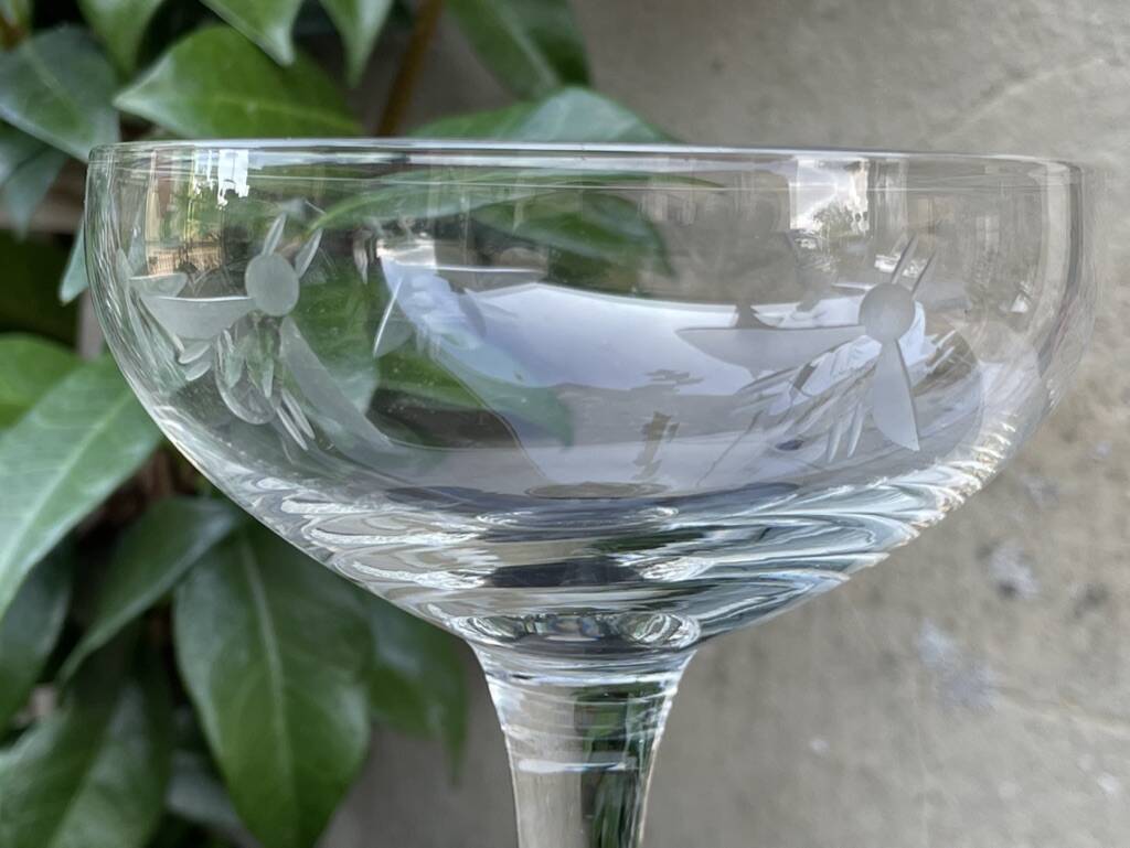 6 blown glass champagne glasses with cut bee decoration