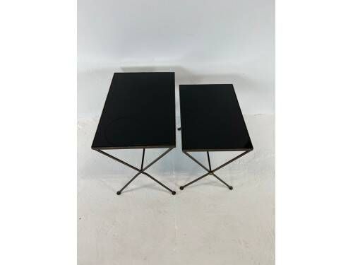Modernist nesting tables in metal and black glass, 1950s.