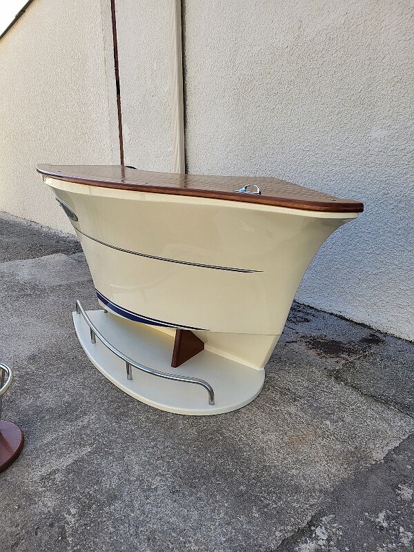 Bar or shop counter and 2 deck lina stools polyester boat hull