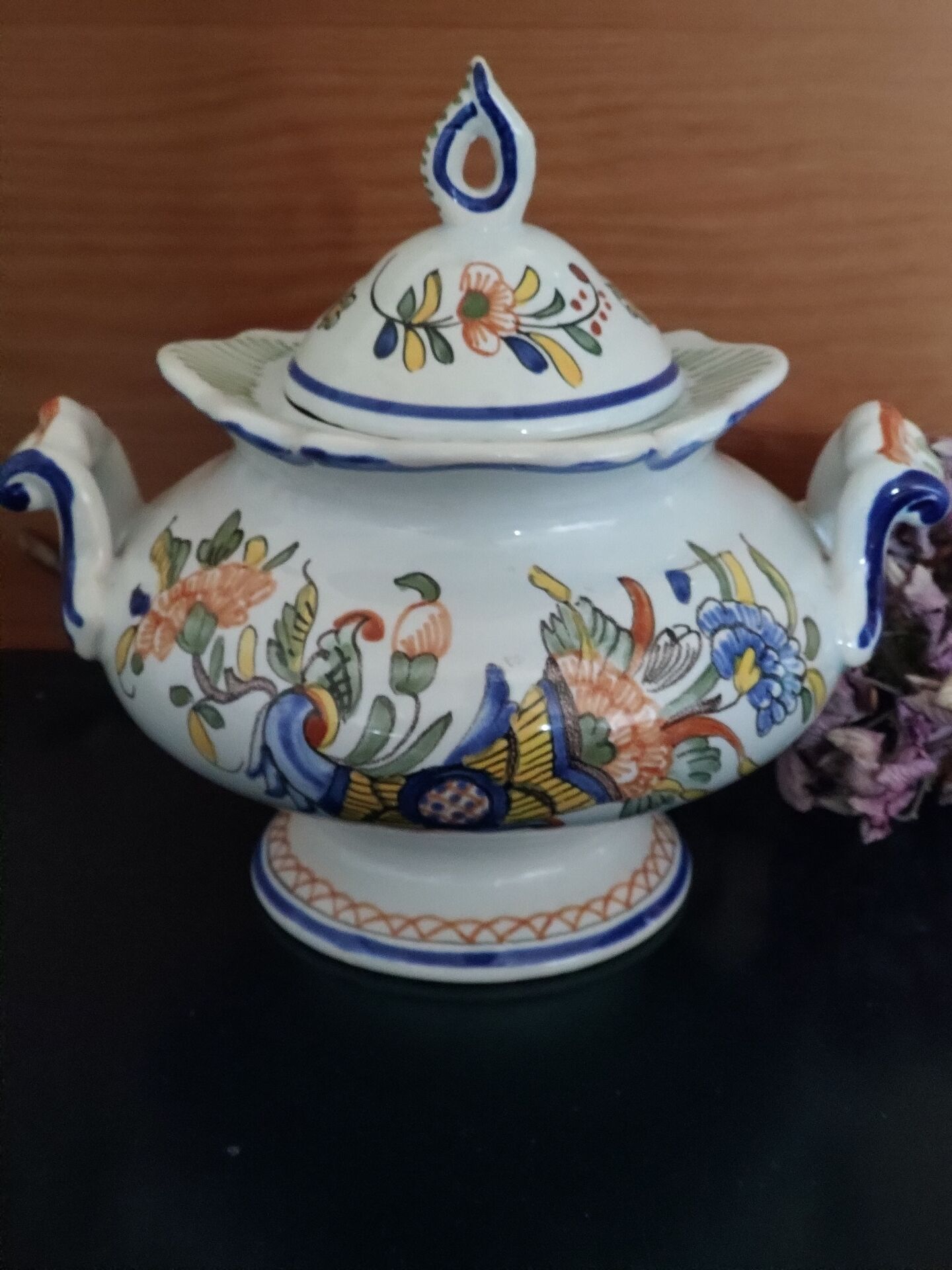 Antique sugar bowl in Rouen-style earthenware