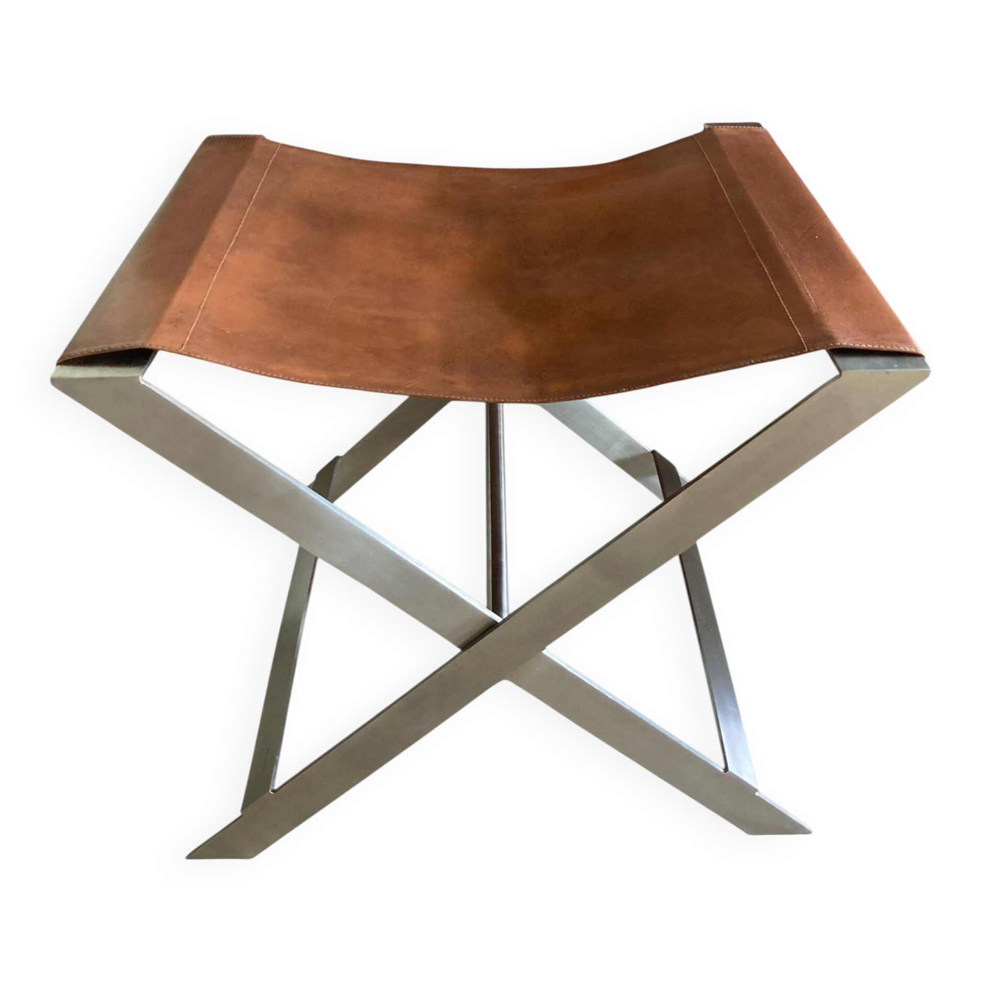 FOLDING STOOL KNOWN AS "PLOYANT" IN BRUSHED STEEL AND LEATHER, SIGNED AMAURY WATINE