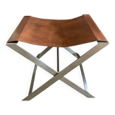 FOLDING STOOL KNOWN AS "PLOYANT" IN BRUSHED STEEL AND LEATHER, SIGNED AMAURY WATINE