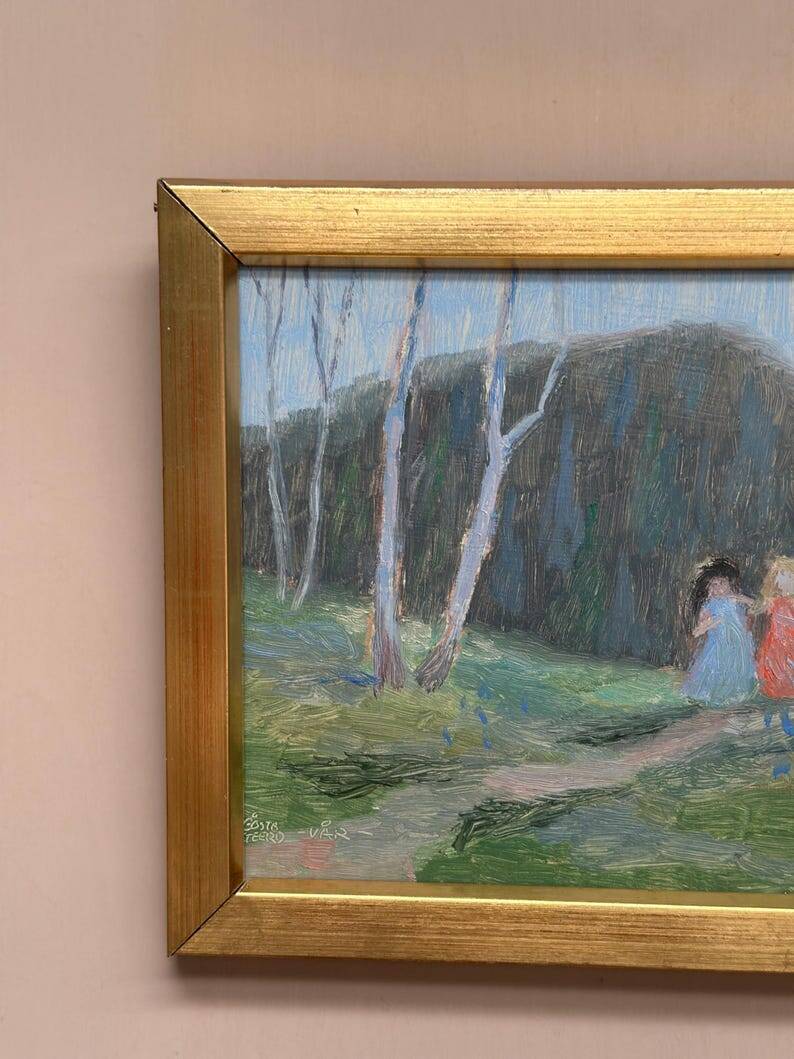 Mid-Century Swedish Oil panel “Sisters” by Gösta Geerd, Vintage & Framed 28×25cm