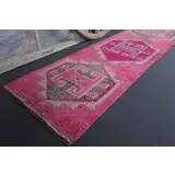 Vintage Turkish Hand-Knotted Wool Cotton Pink Runner Rug 80x264