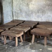 Small stool, rectangular solid teak side table with curved legs.