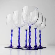 Six cobalt blue Murano glass wine glasses with twisted stems, 1970s Italy, elegant clear bowls