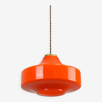 Lampe à suspension mid-century en verre orange et laiton, italie