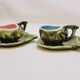2 cups + 2 saucers in majolica slip ceramic zoomorphic snail shape