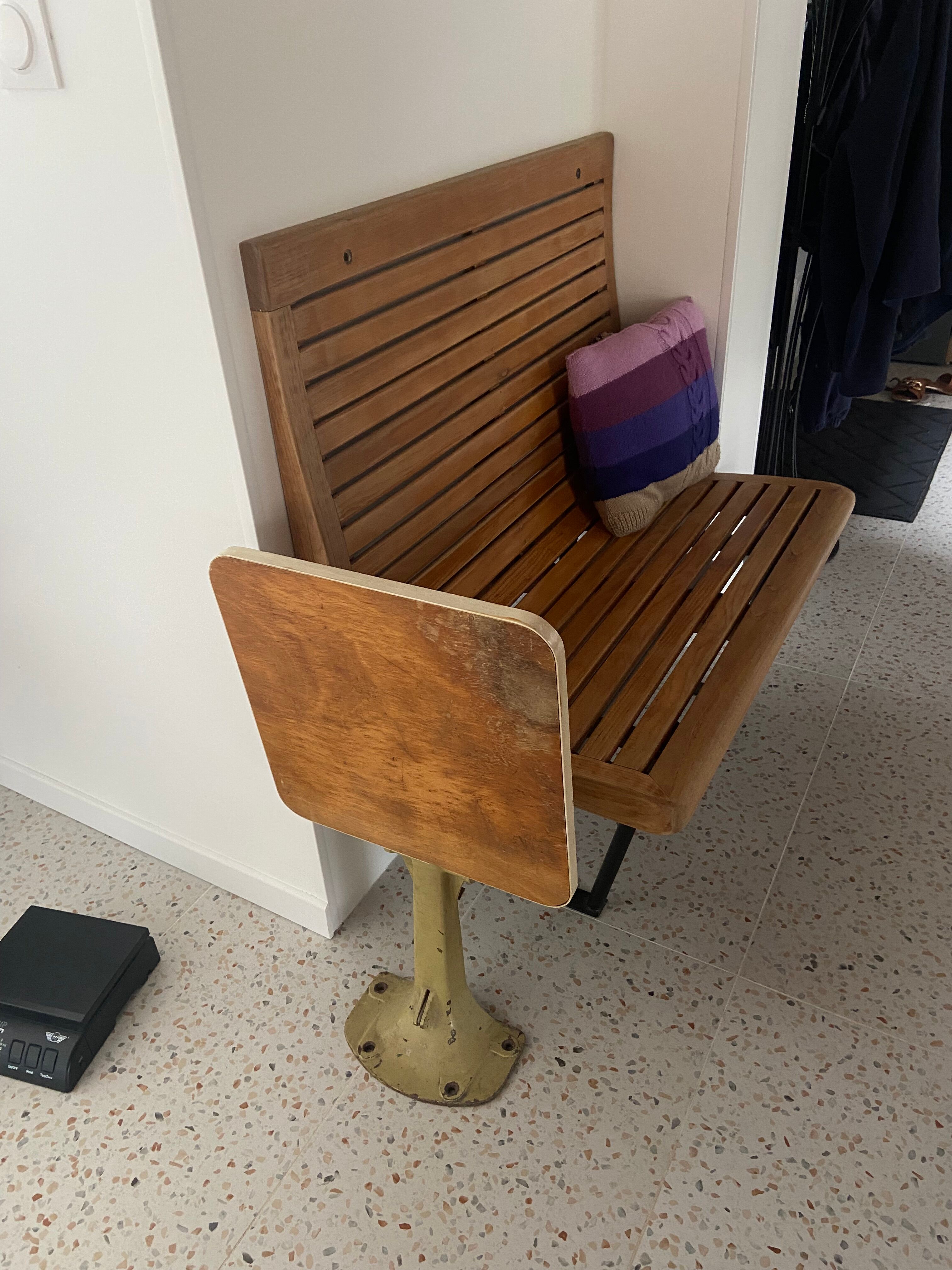 Old folding train table or wooden strapontin 1920 metal base