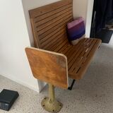 Old folding train table or wooden strapontin 1920 metal base